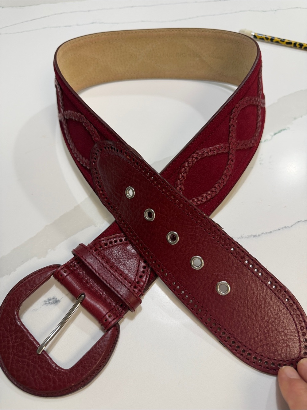 Women’s Wide Deep Red Leather Belt with Decorative Stitching VTG 80-90’s